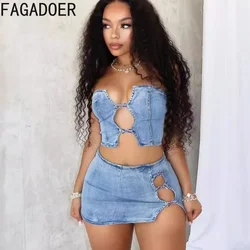 FAGADOER Sexy Hollow Out Denim Mini Skirts Two Piece Sets For Women Off Shoulder Sleeveless Backless Slim Tube And Skirt Outfits