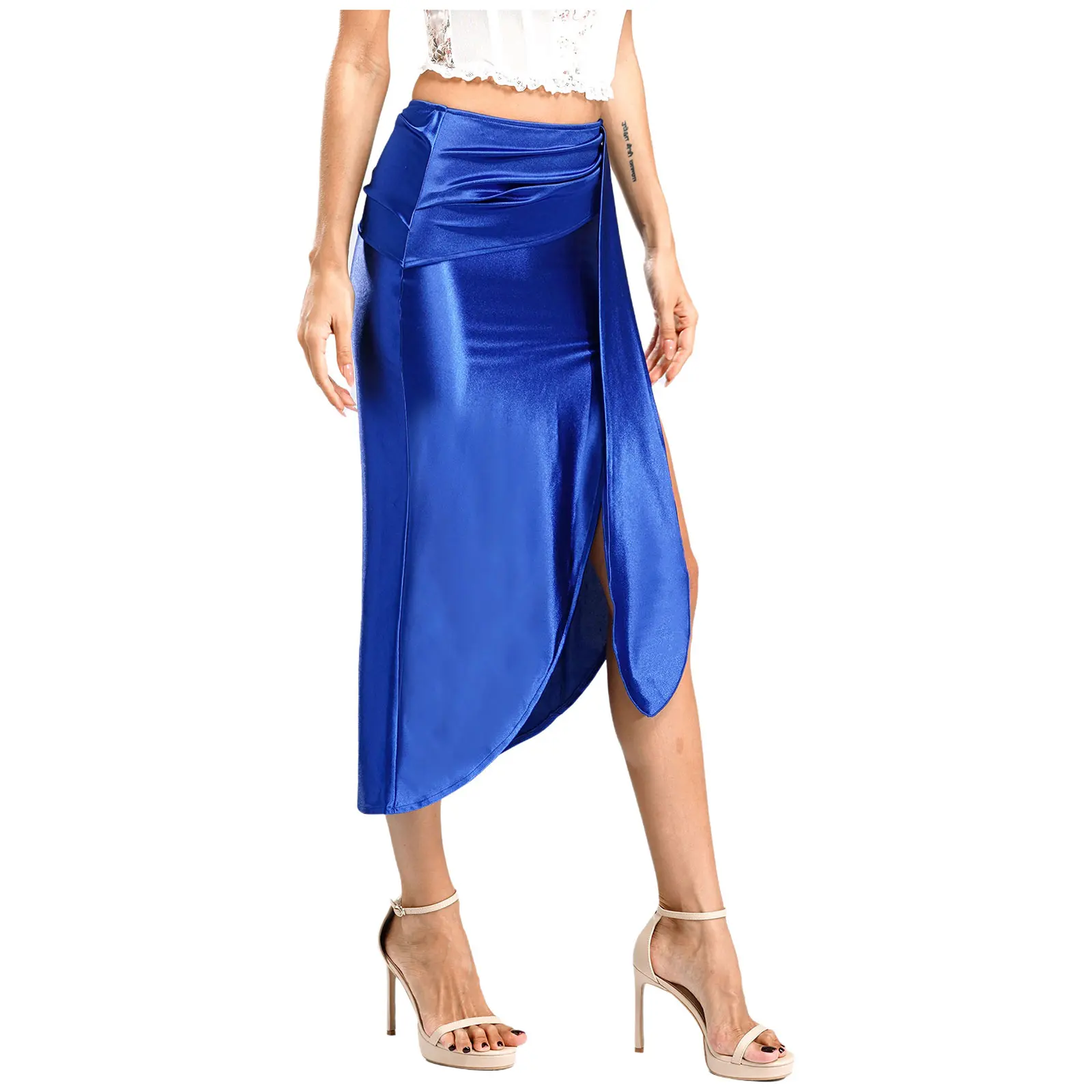 Elegant Womens Split Satin High Waist Bodycon Skirt Ruched Midi Skirt for Cocktails Party Bar Night Out Clubbing Costume Woman