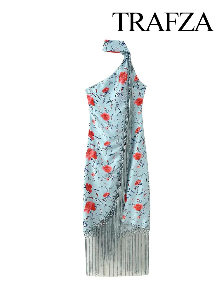 Sukienka midi damska na lato z frędzlami i kwiatowym wzorem, odkryte ramiona, elegancka, asymetryczna, seksowna, z odkrytymi plecami.