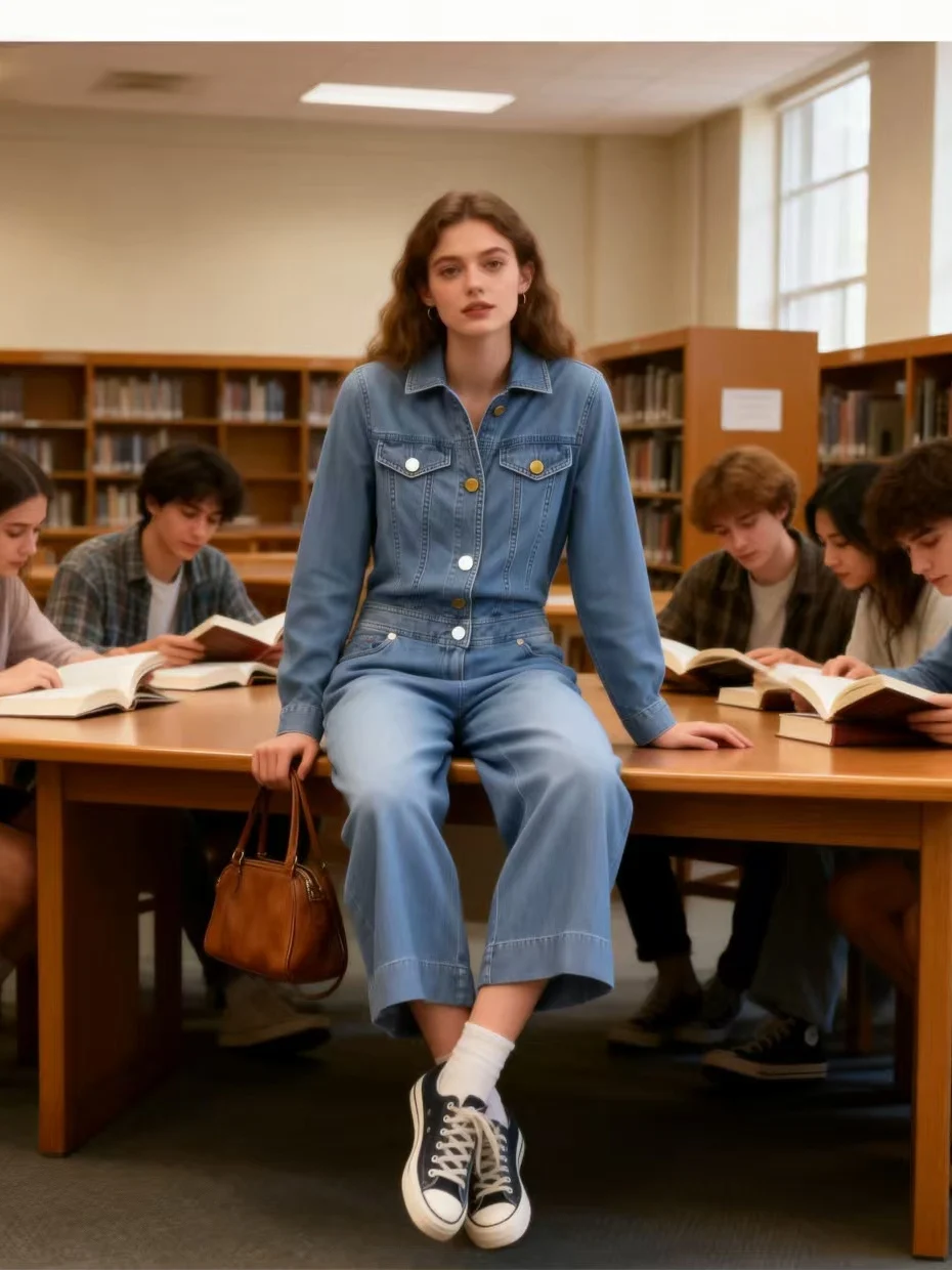 

Retro Hong Kong Sle Denim Overalls Women's Casual High Waist Wide Leg Nine Point Pants Spring New Arrival Loose Fit Workwear