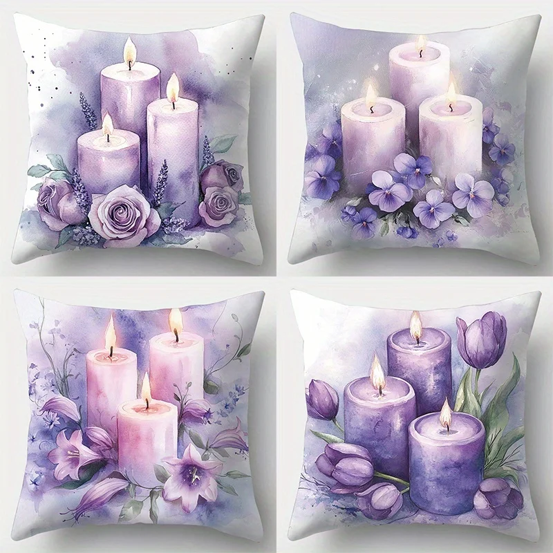 Romantic Watercolor Floral Candle Pillowcase Cushion Cover Purple Flower Art Print for Elegant Bedroom Home Decor
