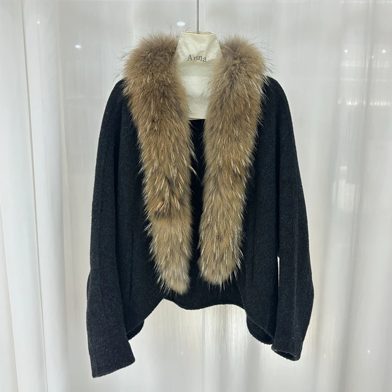 Hand Make Women Autumn Black Loose Woolen Cape Oversize Real Raccoon Fur Collar Batwing Sleeve Woolen Cloak Coat