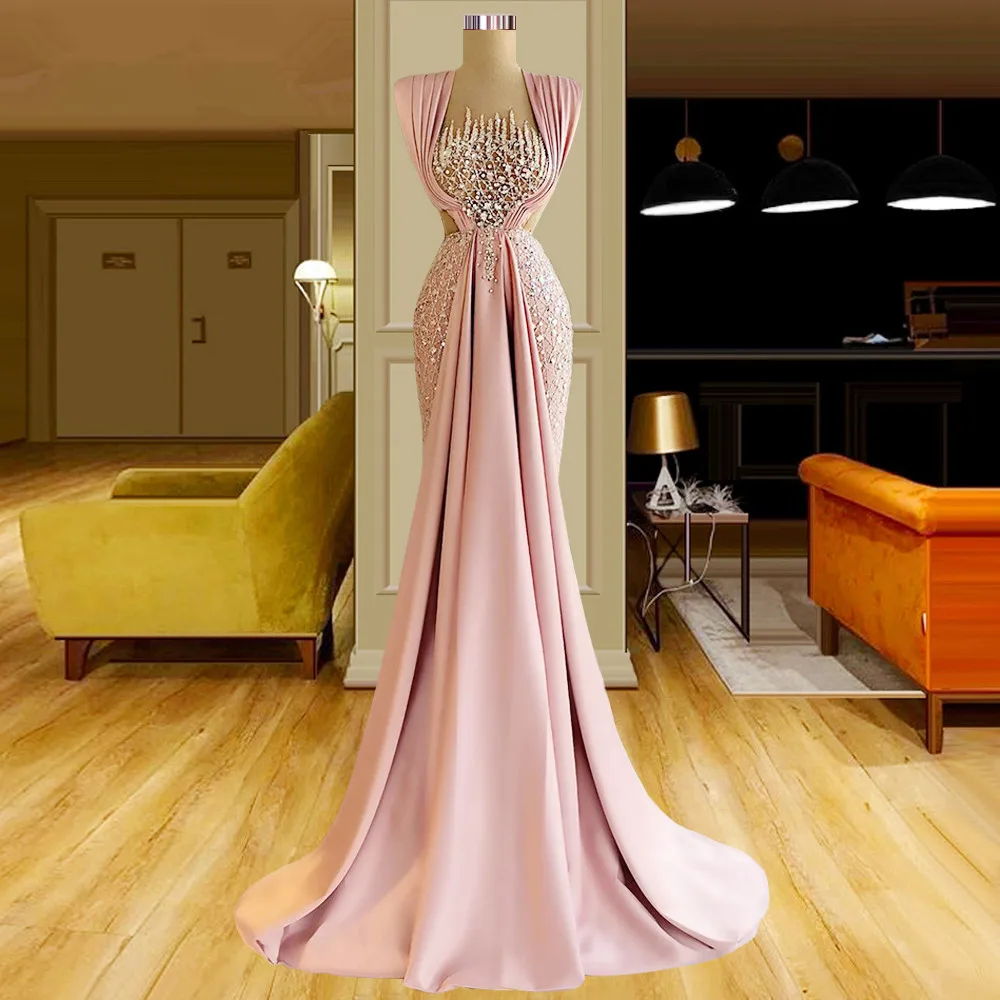 Stunning Pink Evening Dresses Sequined Sleeveless Prom Gowns Custom Made Ruffles Floor Length Women Formal Party Dresses