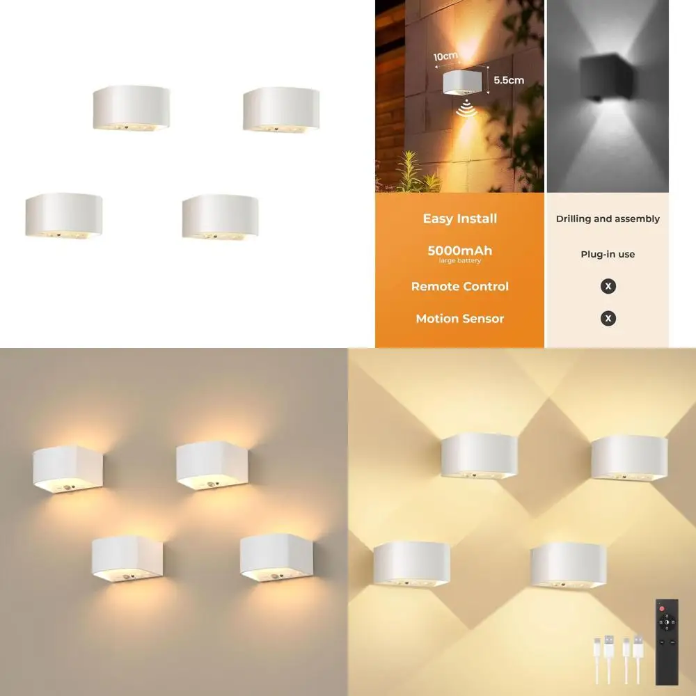 

Rechargeable LED Wall Sconce with Remote, 3 Color Options, Adjustable Brightness, 5000mAh Battery