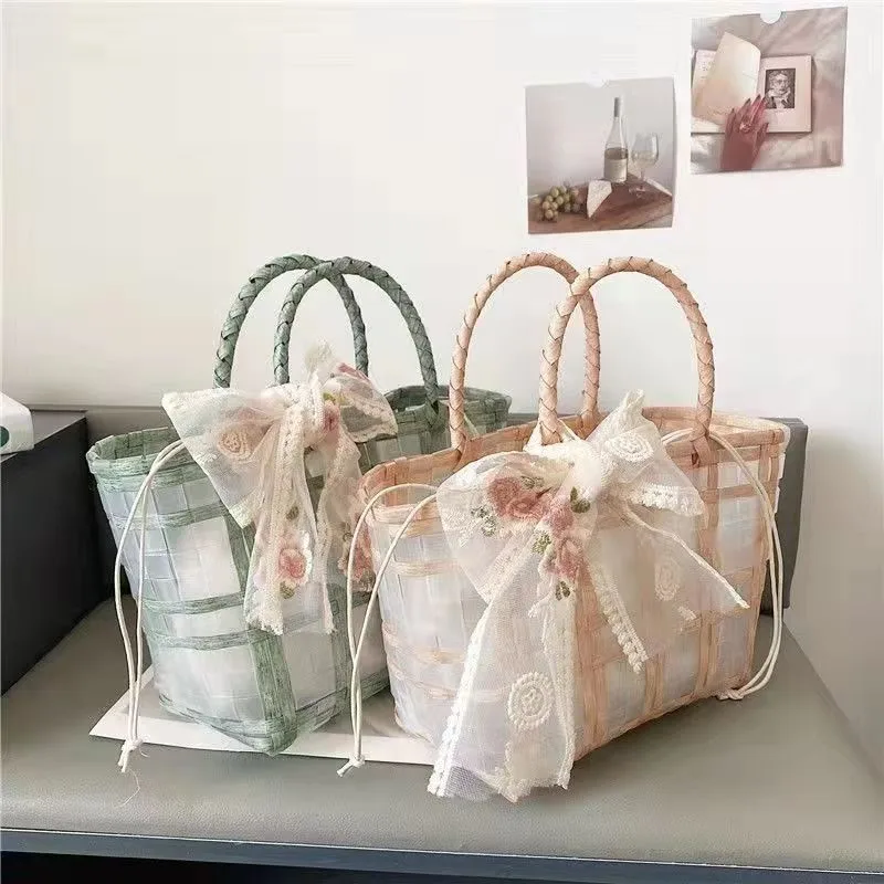 Ribbon Design Woven Transparent Handbag Women Summer 2024 New Fashion Large Capacity Shoulder Bags Vacation Beach Shopping Tote