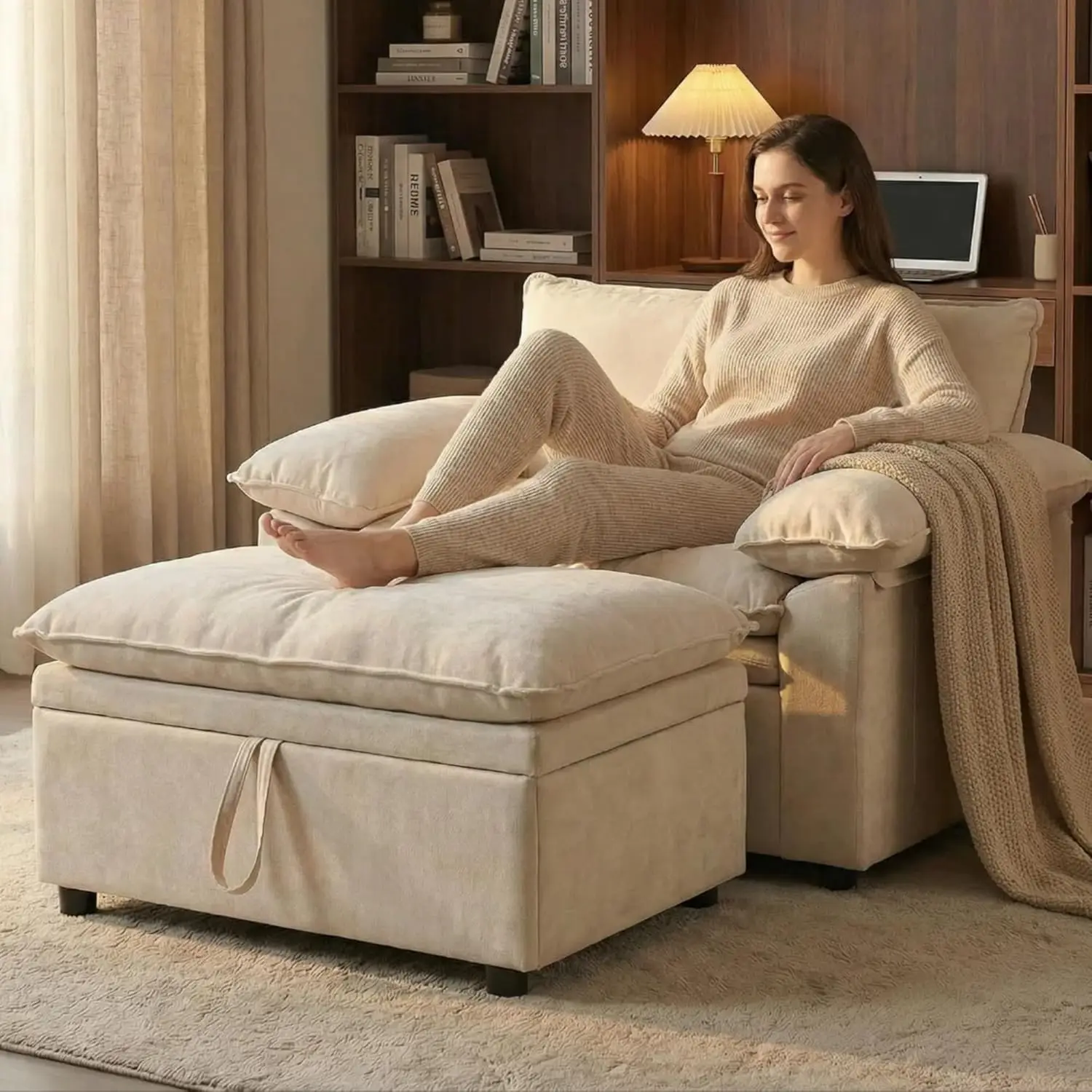 Super Plush Cloud Chair with Storage Ottoman, Oversized Chaise Lounge Chair, Thick Chenille Cushions, Pillow, Customized