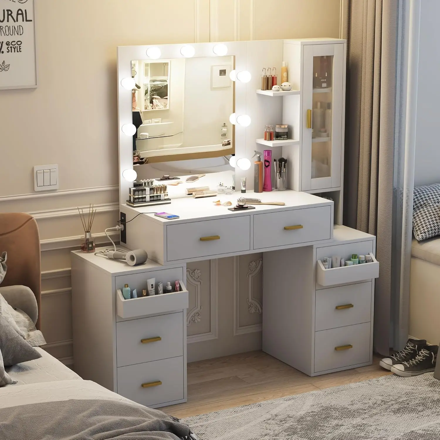 Bureau de maquillage avec miroir et 3 lumières pour documents, grand bureau de vanité avec station de charge, table de vanité avec 8 tiroirs