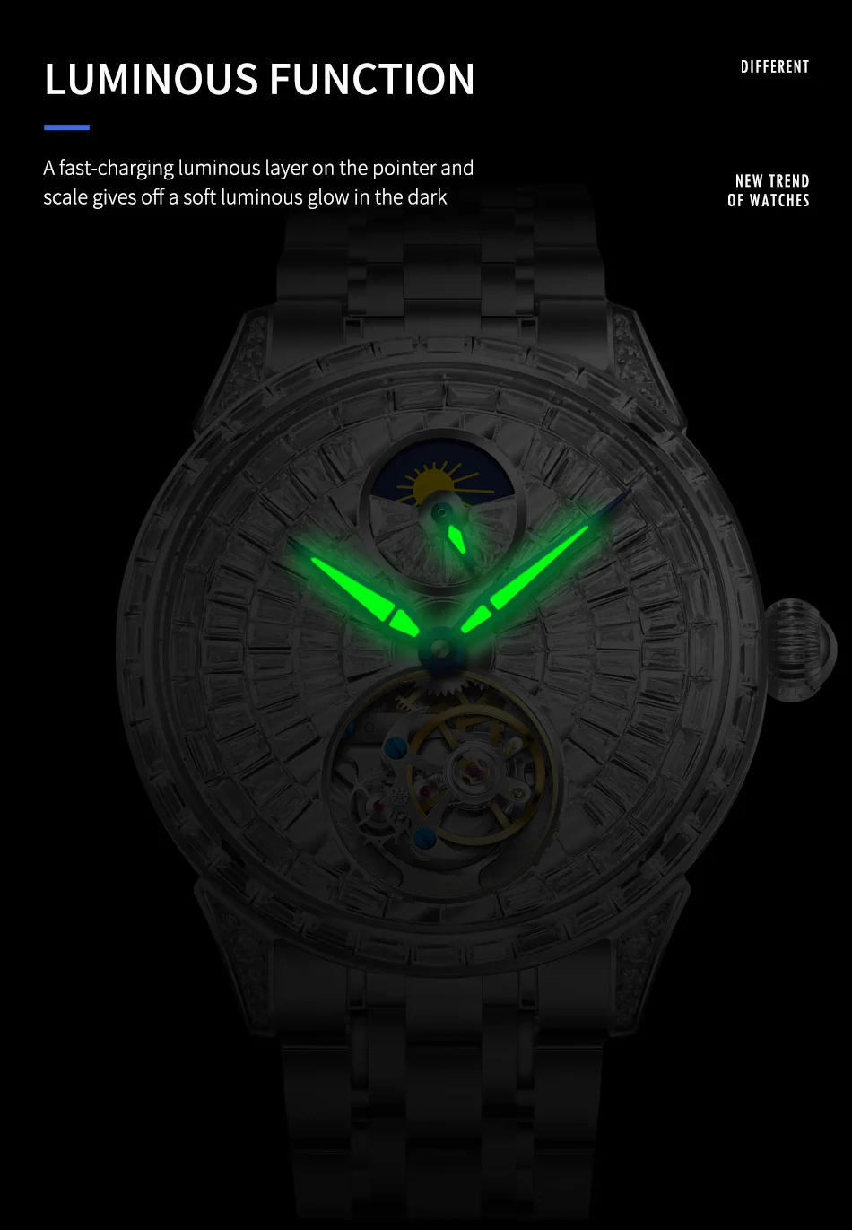 Orologio da uomo Quadrante con diamanti Cintura in acciaio inossidabile Orologio meccanico da uomo Movimento Tourbillon Orologio da uomo alla moda impermeabile 30 metri