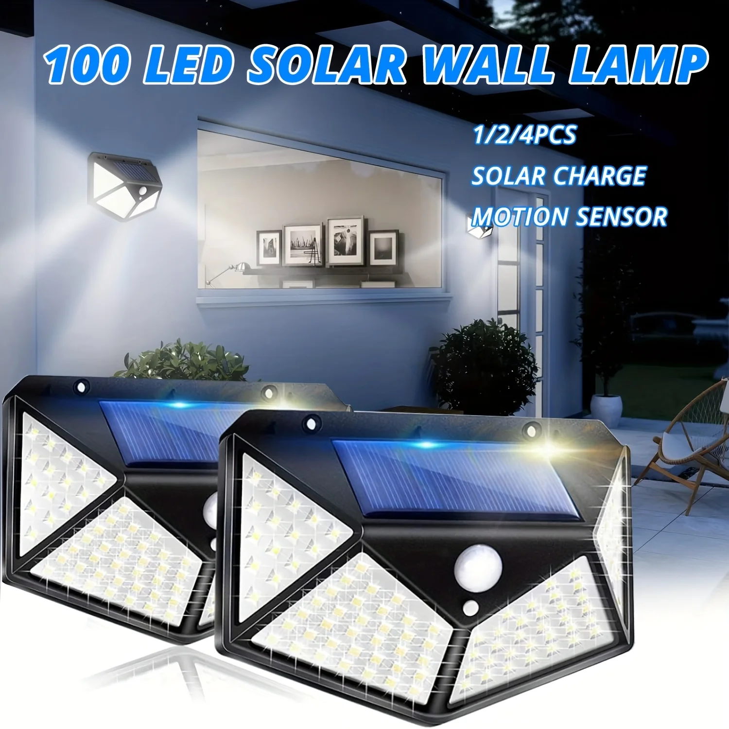 

100LED Outdoor Solar Light 3 Modes Motion Sensor Wall Lamp 4 Sides Luminous Solar Wall Light for Garden Yard Patio Deck Garage