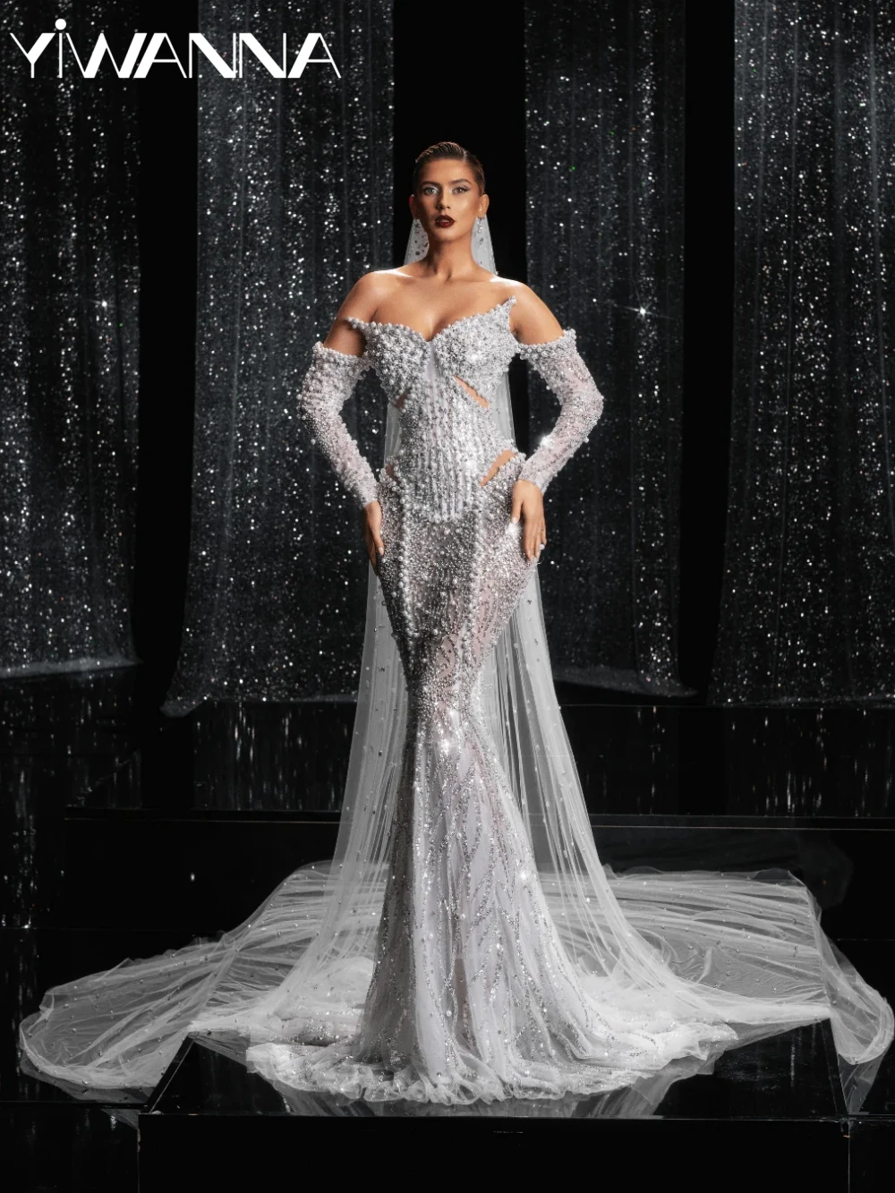 

Gorgeous Sequined Pearls Long Wedding Dress Illusion Off Shoulder Bridal Gown Customized Stunning V-neck Dresses For Bride
