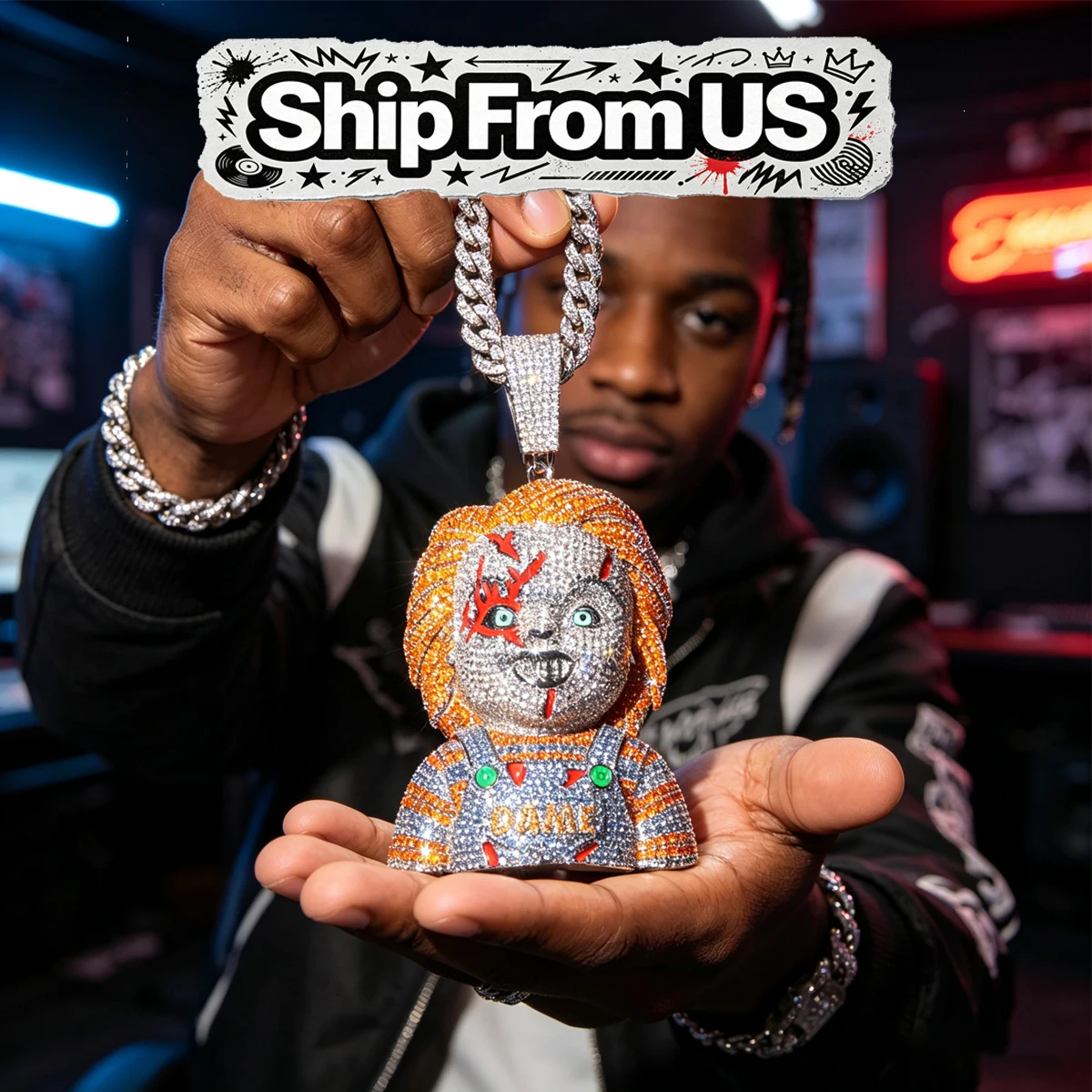 3D Full Bling Cartoon Character Pendant Match Cuban Link Chain Iced Out Horror Orange Hair Doll Bust Pendant CZ 18K Gold Plated Retro Evil Scarred Doll Hip Hop Charm Necklace Fine Jewelry Gifts for Men Boy Friends Rapper Streetwear Halloween Party Parts