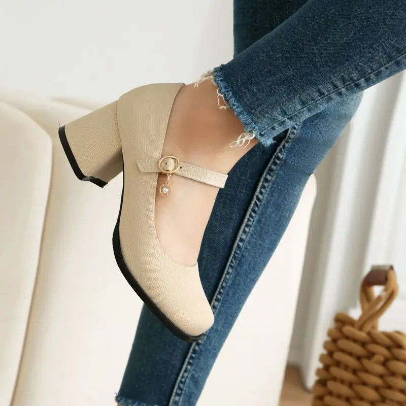 Girseaby Brand Women Pumps Square Toe Chunky Heels 6cm Buckle Strap Concise Daily Soft Breathable Female Shoes Plus Size 42 43