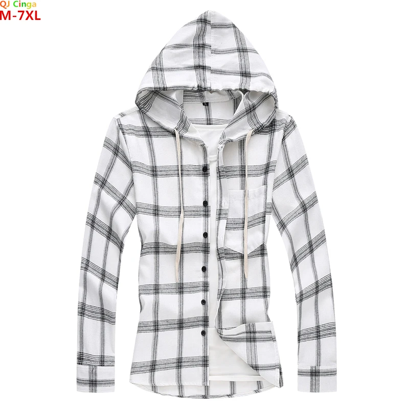 Men's White Plaid Hooded Shirt, Single Breasted, Long Sleeve Shirts, Black Fashion, Casual Tops