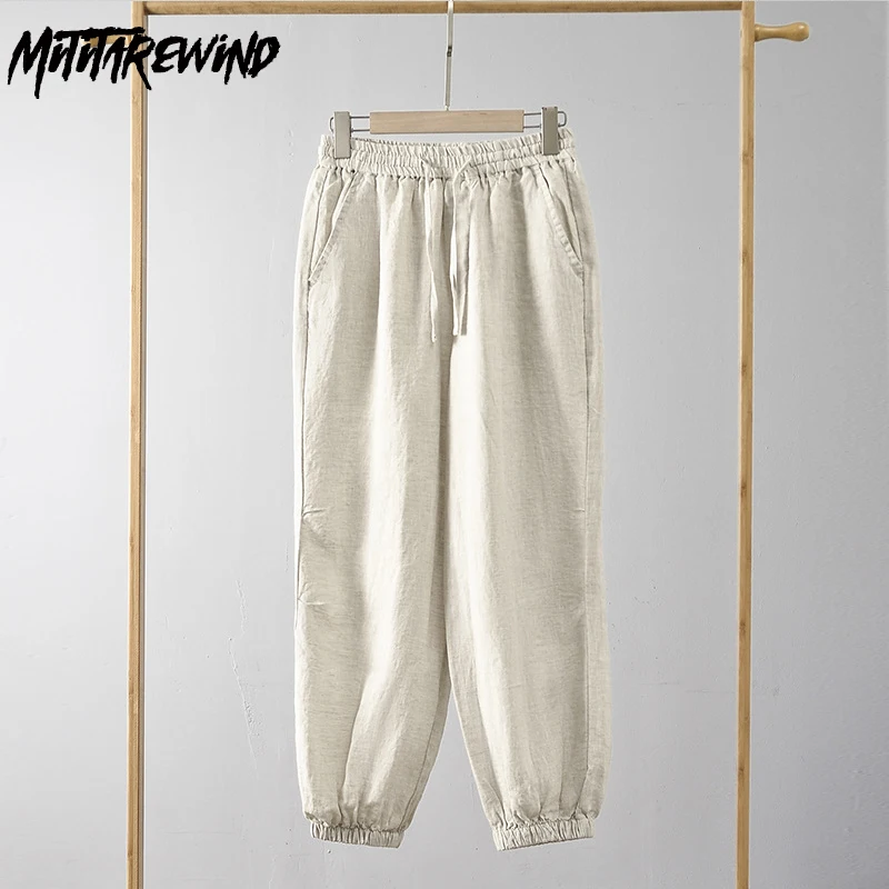 

Summer Linen Pants Men Joggers Casual Pants Elastic Waist Nine Point Trousers Breathable Beach Man Pants Korean Fashion Men Pant