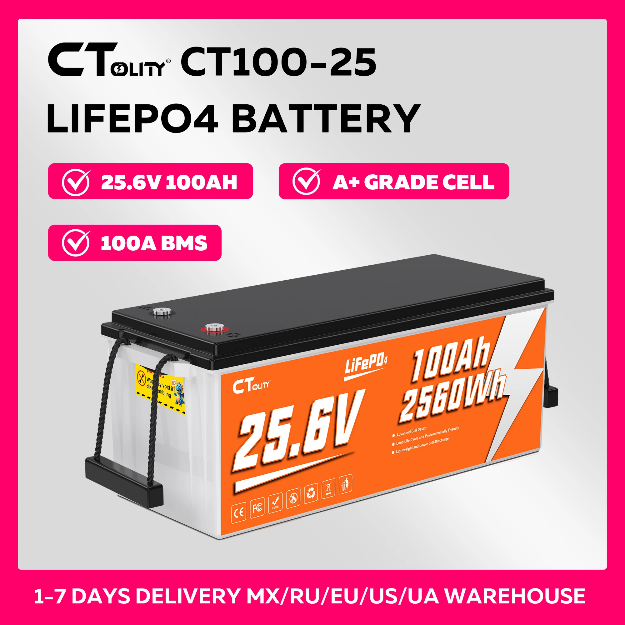 CTOLITY CT100-25 25,6 V 100 Ah 2560 Wh LiFePO4-Batterie, integrierte 100 A BMS-Zellen der Güteklasse A, max. 2560 W, 4000+ Zyklen, Solargenerator für Wohnmobile