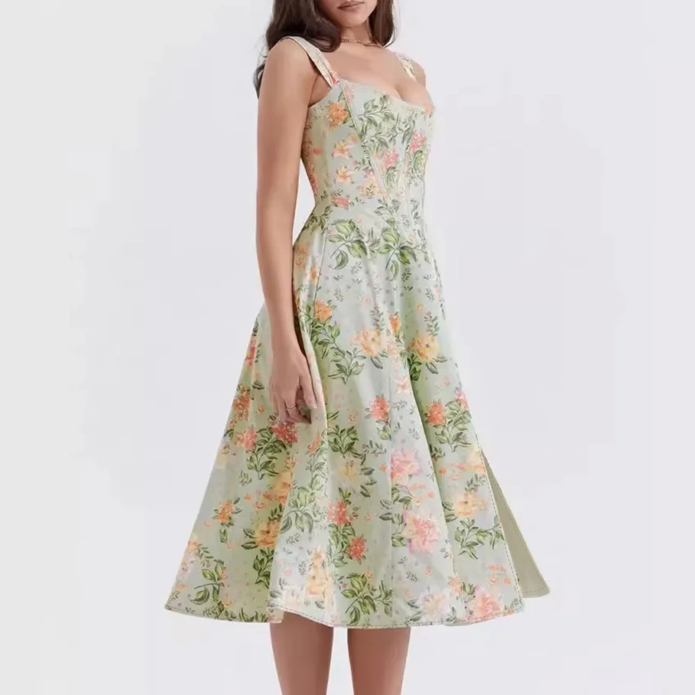 Vestidos Primavera Verano moda elegante abertura lateral Floral sin mangas cuello cuadrado Midi vestidos con adornos de lechuga para mujer