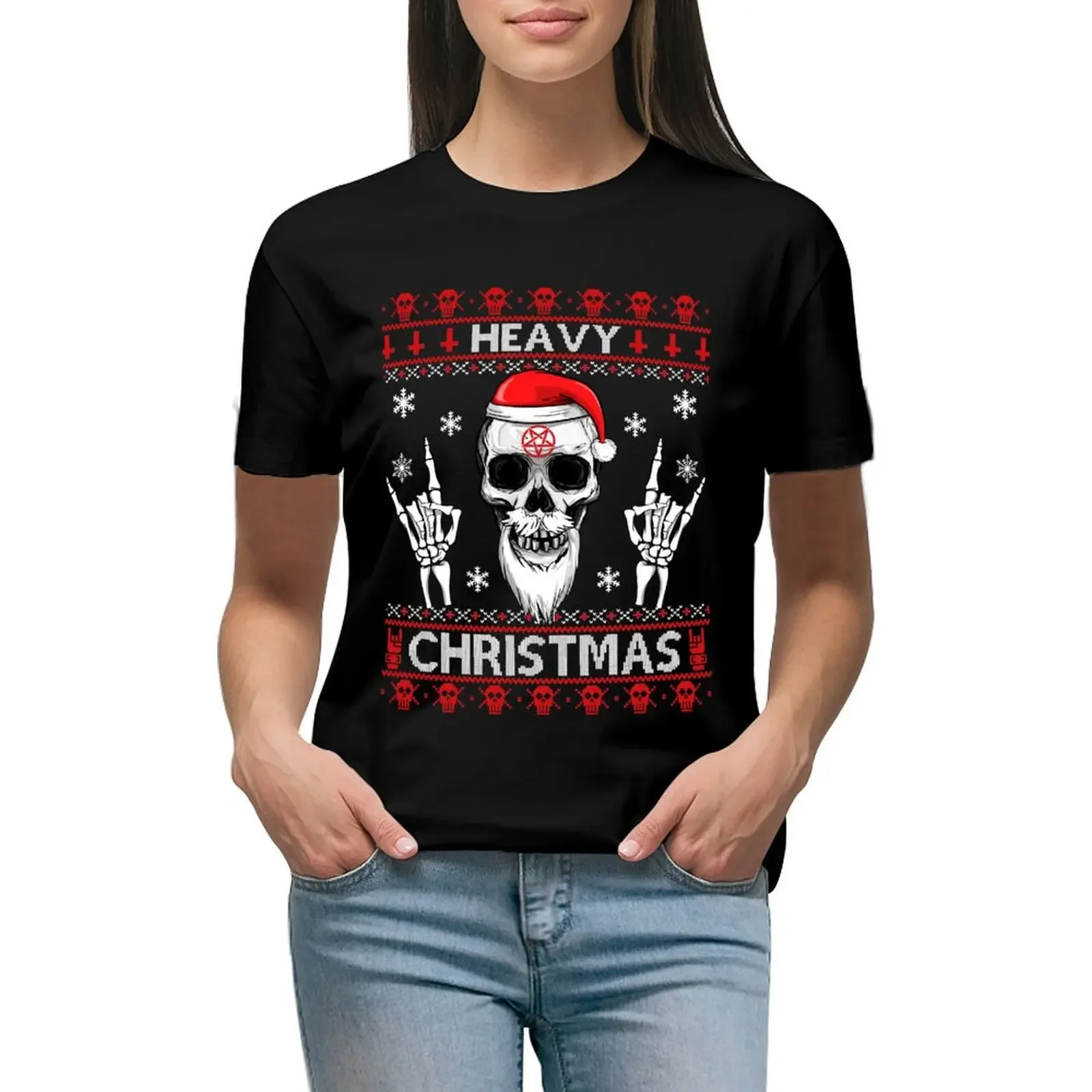 

HEAVY CHRISTMAS - Ugly Xmas Sweater - HEAVY DEATH BLACK METAL Rocker Rock Horns T-Shirt funny white t-shirt dress for Women sexy