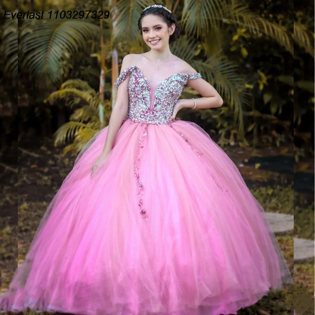 

EVLAST Customized Hot Pink Quinceanera Dress Ball Gown Shiny Crystals Beaded Applique Mexican Sweet 16 Vestido De 15 Anos QD1111