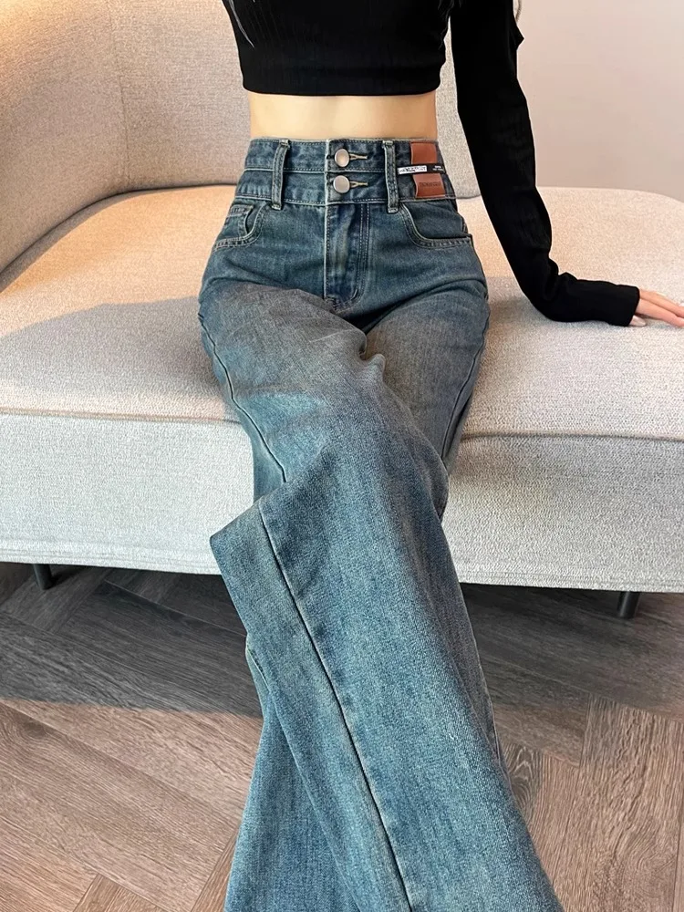 

Ретро-джинсы синего цвета прямого кроя для женщин, весна-осень, новинка, большие размеры, свободные, стройнящие, струящиеся, широкие брюки в пол