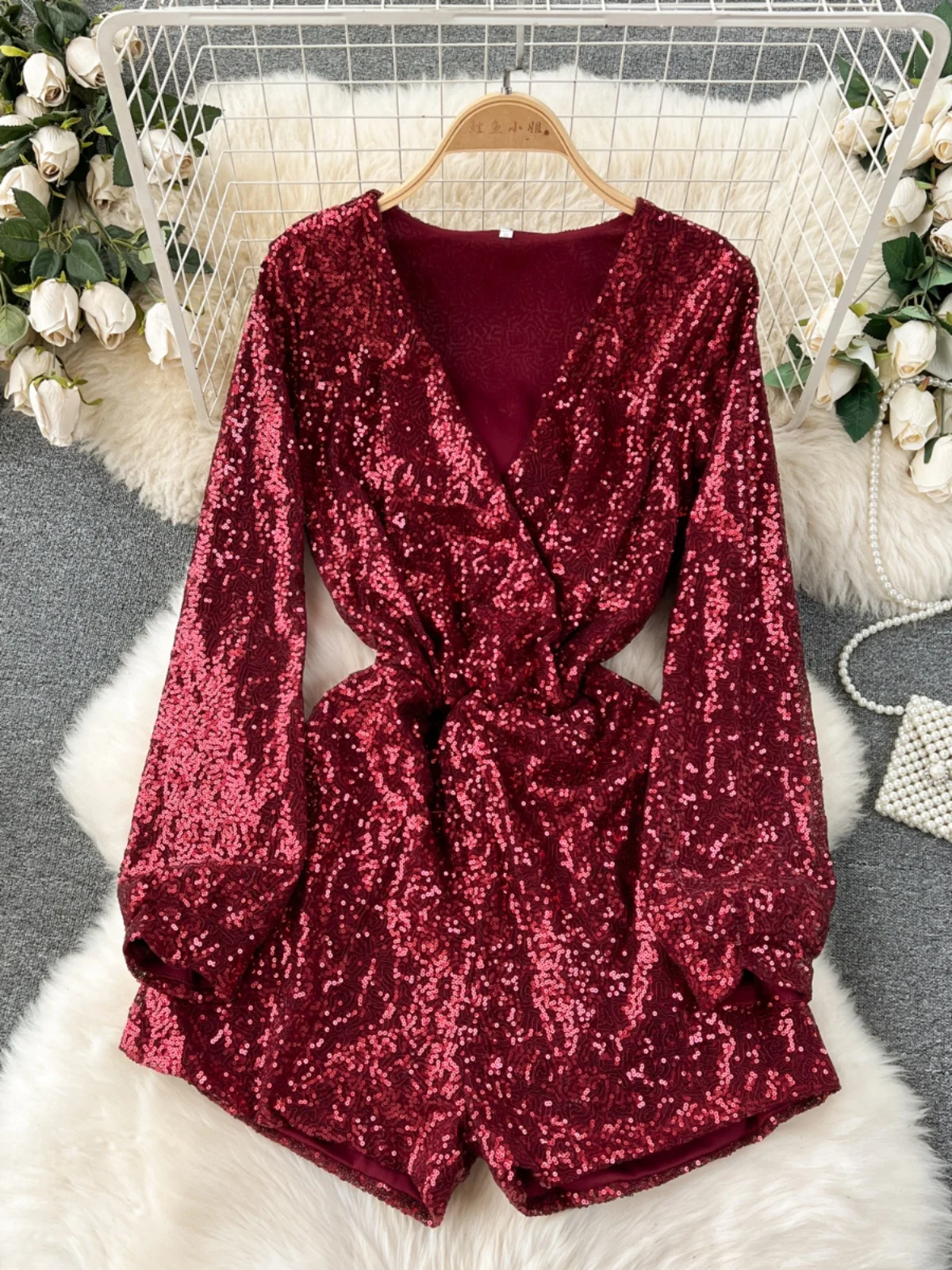 

Foamlina Sexy Sparkle Sequined Playsuits Women Fashion Solid V Neck Long Sleeve Elastic Waist Wide Leg Shorts Clubwear Outfits