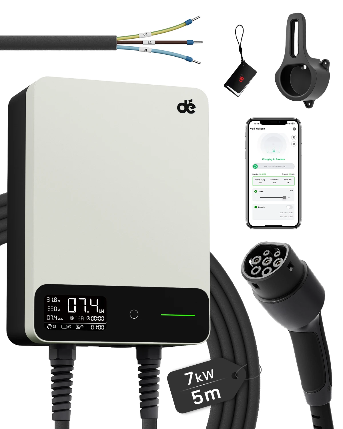 dé 7kW Wallbox Typ 2 32A 1-phasig Tuya App Fernbedienung Elektroauto-Ladegerät RFID-Karte EVSE Heimladestation 5m 7,7m 10m 12,5m 15m Kabeloption Weiß