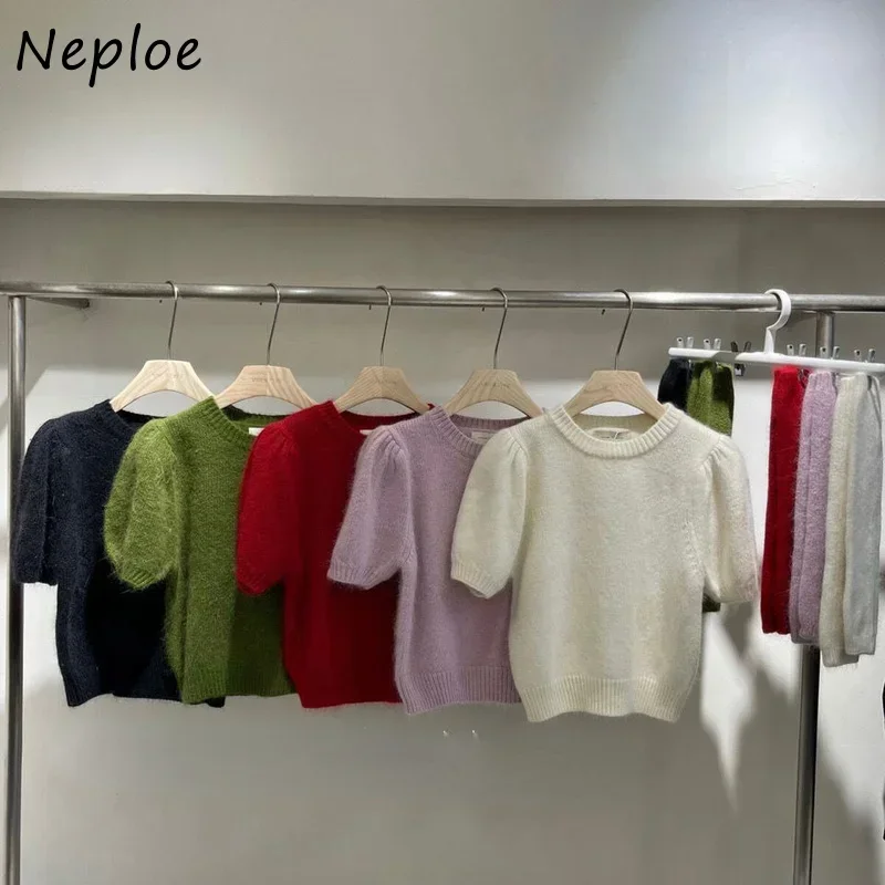 Neploe Korean Office Lady Elegant Simple All-match Knitted O Neck Short Sleeve Pullover Solid Color Design Sense Sweater with