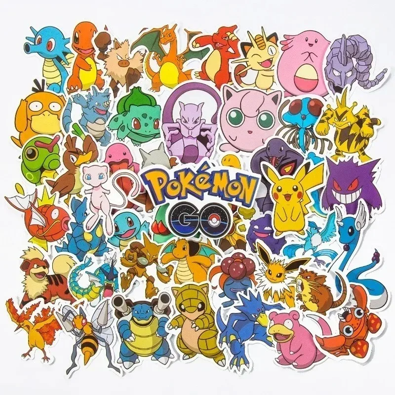 50pcs/bag Pokemon Anime Figures Stickers Toy Pikachu Charmander Psyduck Squirtle Jigglypuff Bulbasaur Waterproof Stiker Kid Gift