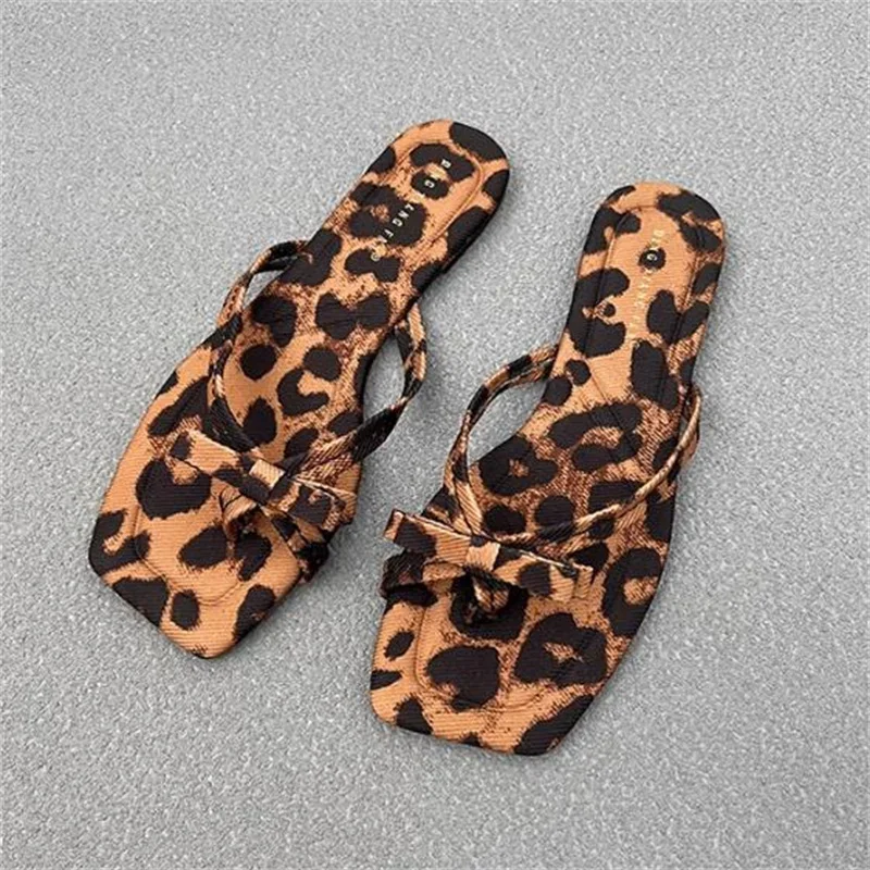 

Leopard Shoes For Ladies Square Toes Women Flat Heels Female Sandals Sewing Lines Zapatos Mujer Butterfly-knot Chassure Femme