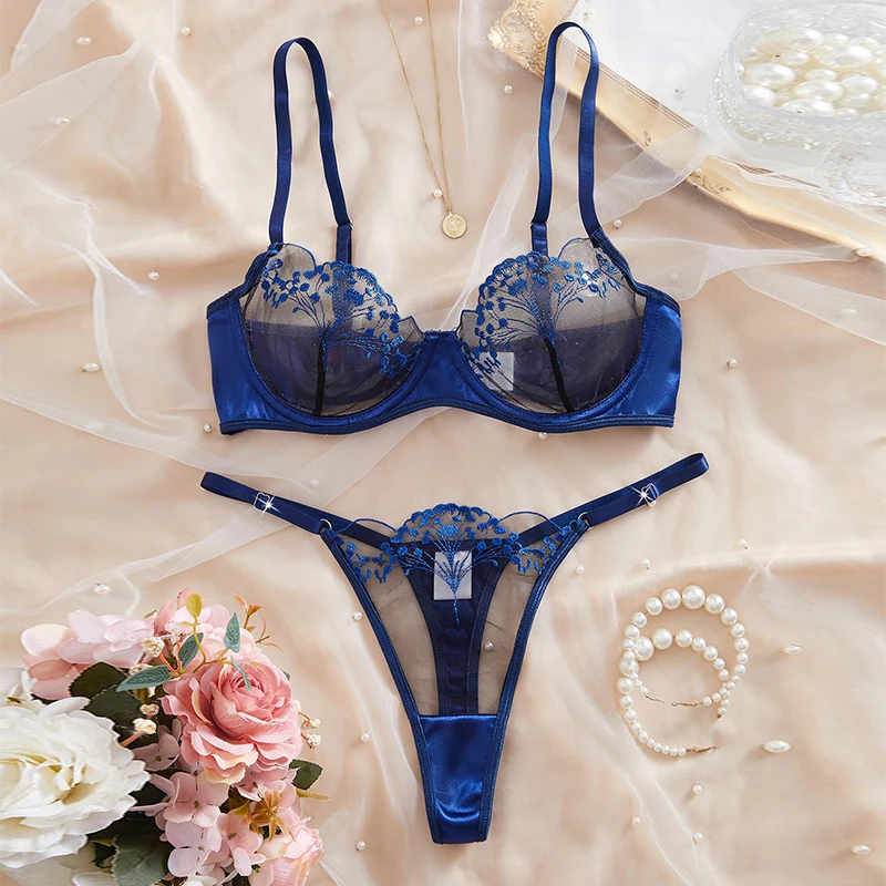 

Women's Underwear Sexy Set See Through Lace Lingerie Delicate Embroidery Bra Panty Set Navy Blue Luxury Intimate Sexy Lingerie