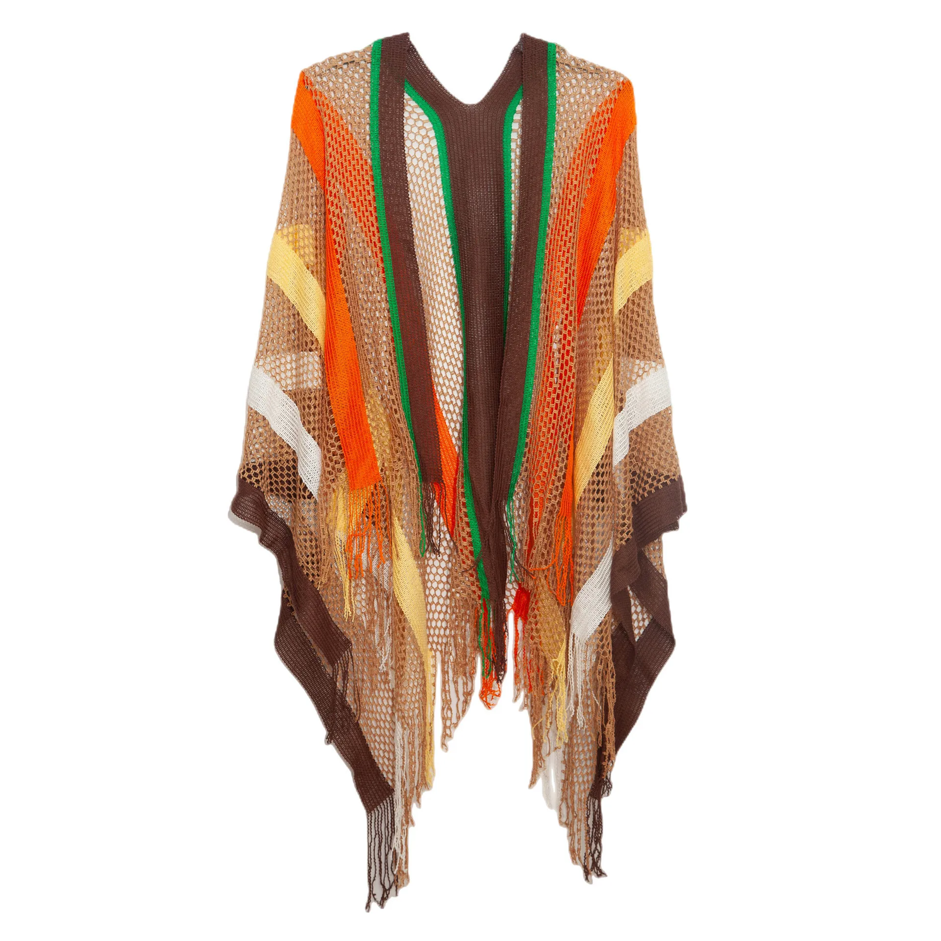 Women's Bikini Outer Blouse One Size Fits All, Ethnic Style Rainbow Striped Summer Sun Protection Fringed See-through Blouse