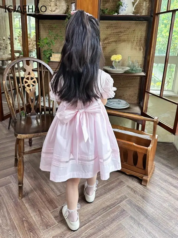 ICJAEHAO 2024 New Handmade Flowers Embroidered Lace Sweet Smocking  A-Line Short Sleeves Girls Dress Children Elegant Frocks