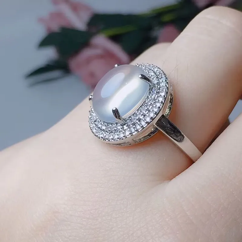 Ice Green Chalcedony Ring 925 Silver 18K White Gold Women's Emerald Green Adjustable Jade Ring
