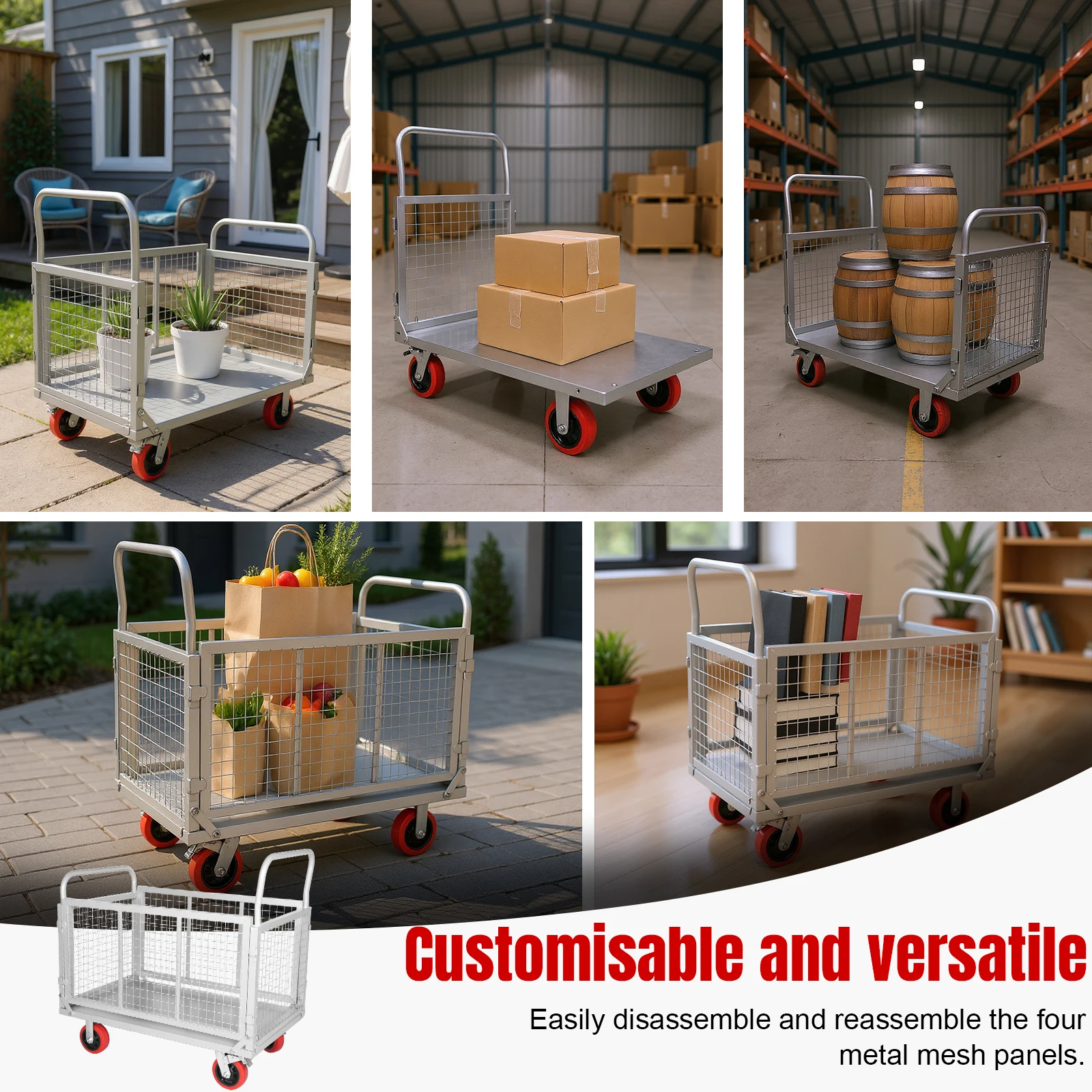 5 In 1 Foldable Flatbed Cart 200kg Load-Bearing Versatile Basket Cart Multi-Functional Push Dolly for Warehouse Production Line