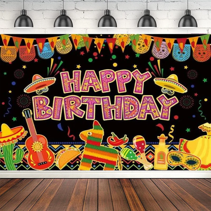 Mexican Fiesta Birthday Photography Backdrop Cinco De Mayo Taco Festival Party Colorful Flags Llama Banner Decor Background