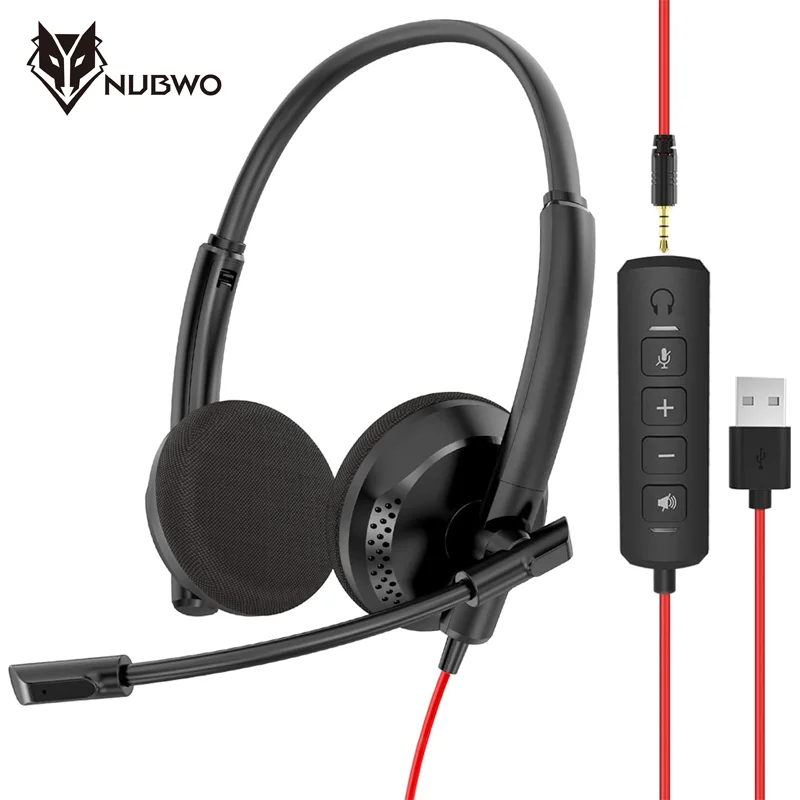 NUBWO HW03 USB-Headset mit Geräuschunterdrückendem Mikrofon für PC, Inline-Bedienelemente, Leichtes Kabelgebundenes Headset für PC, Mac, Zuhause, Büro, Meetings