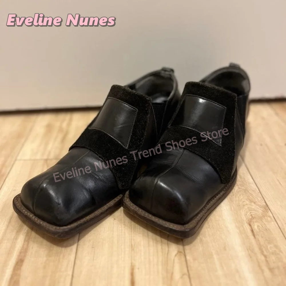Women Retro Square Toe Fashion Pumps Chunky Heels Faux Suede Slip On Patchwork Vintage Platform Casual Office Walking Loafers