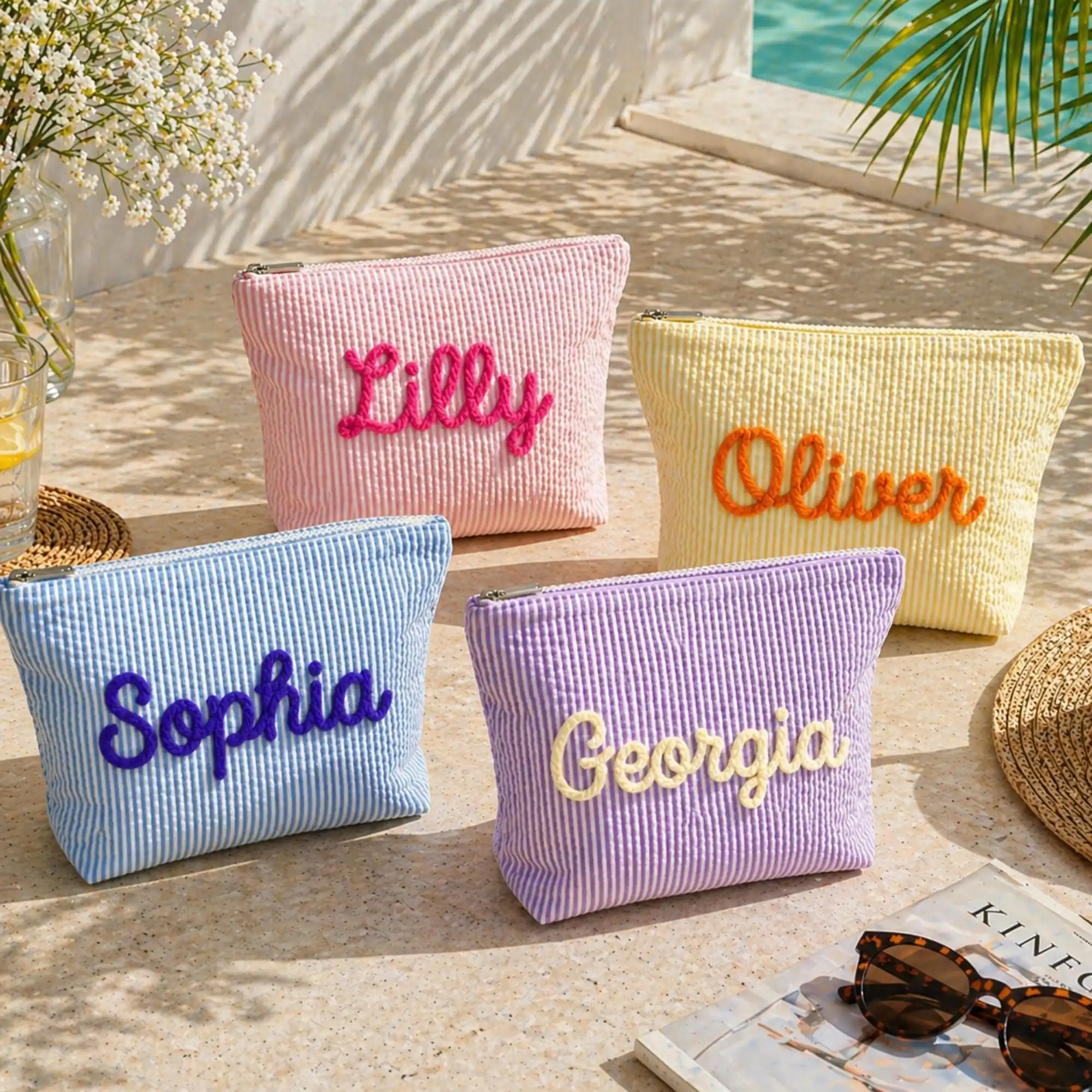 カスタムプレッピーシアサッカーメイクアップバッグ、カスタムブ - Women Bags Name のレビューと価格