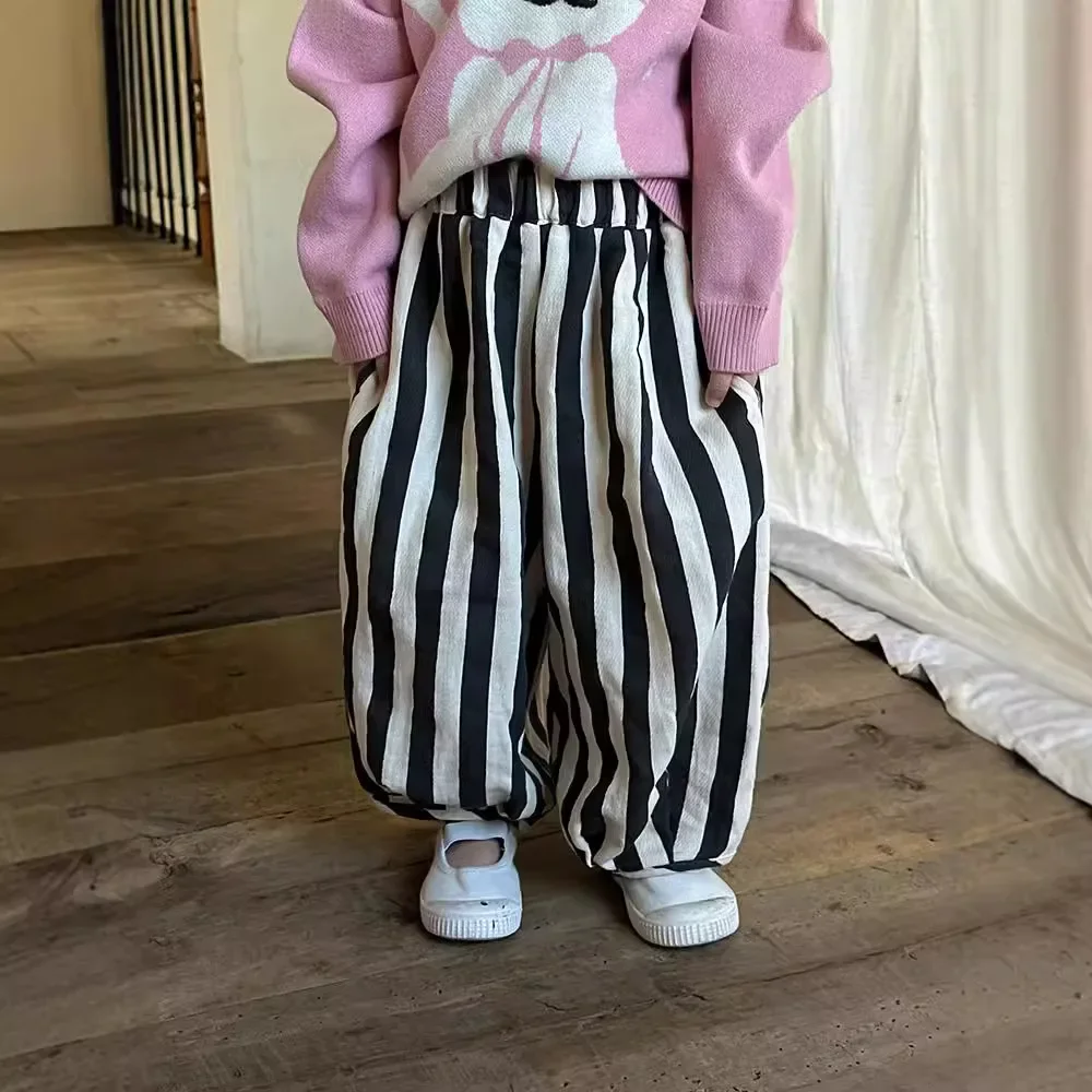 Children Stripe Lantern Pants Autumn Winter New Korean Boy Girl Carrot Pants Trousers Simple 2024 Kids Elastic Waist