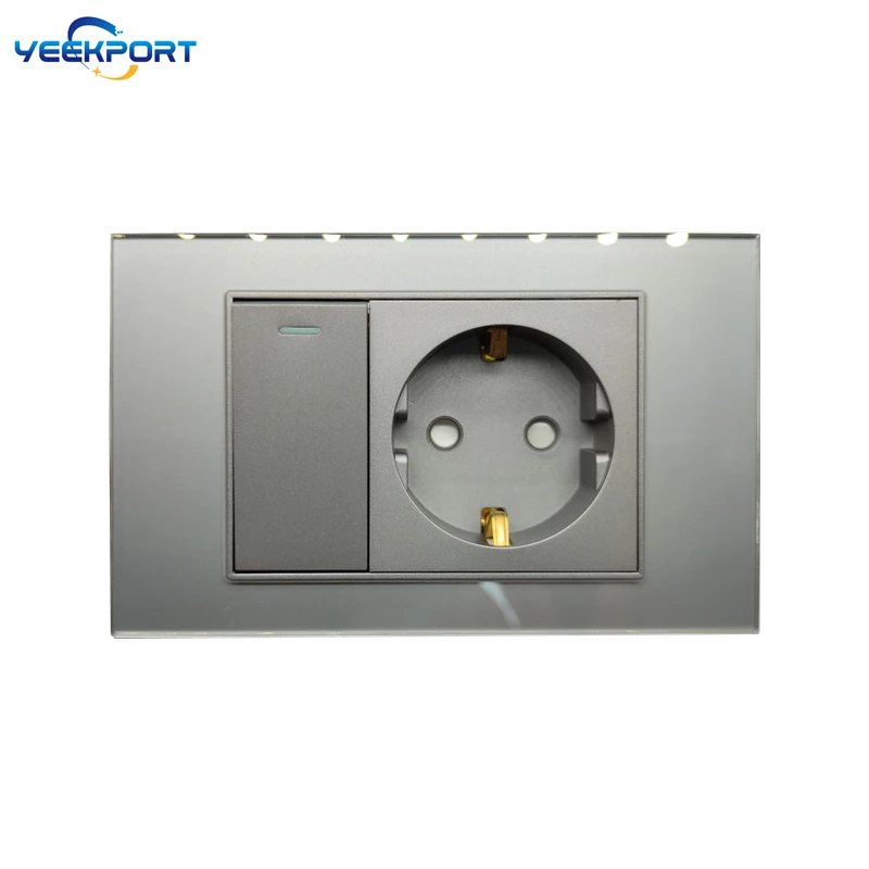 118mm EU Household German Standard Grey Tempered Glass Panel 16A 2-hole Power Plug Wall Socket with Switch Combination