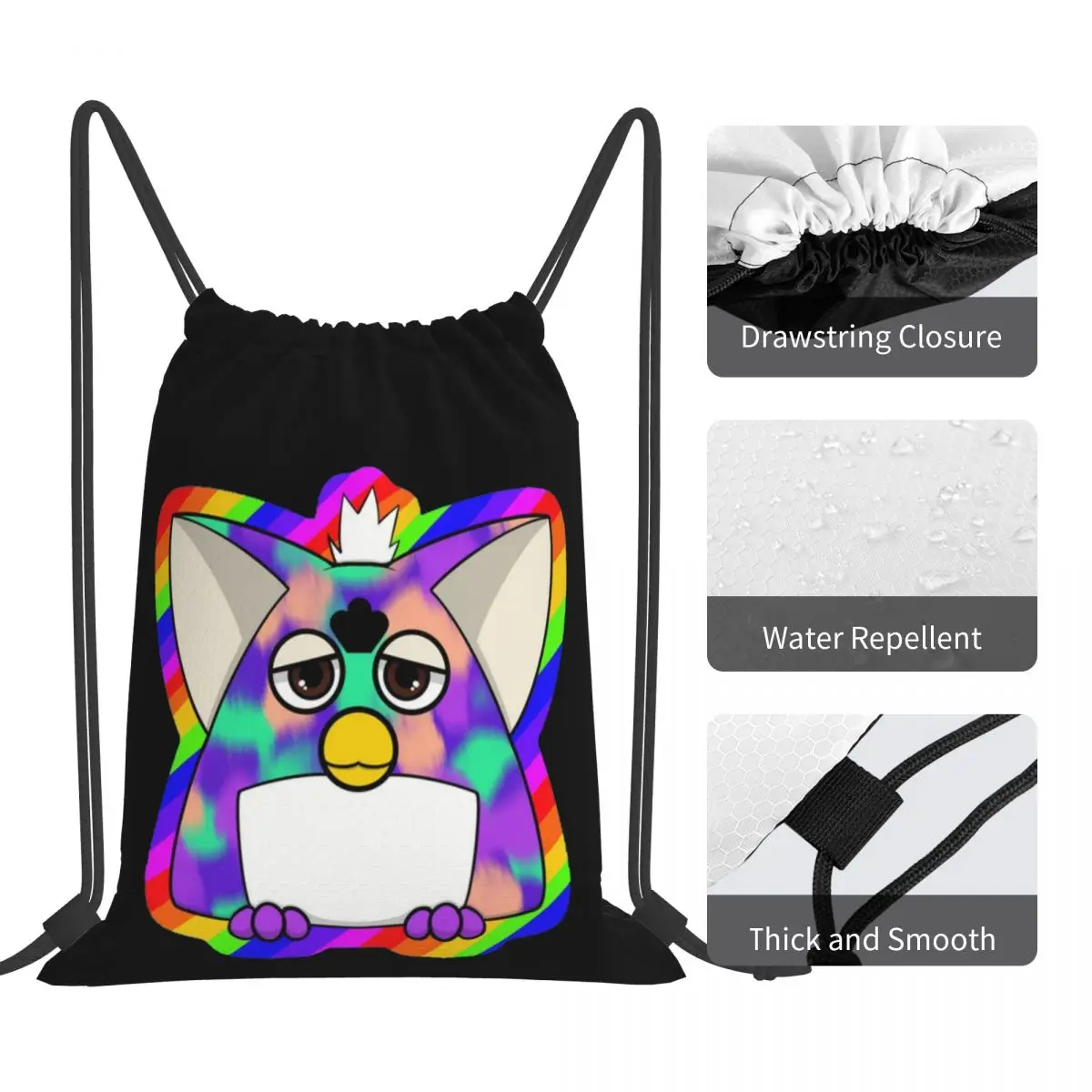 Gay Tye Dye Furby Relaxed Fit Rucksäcke, tragbare Kordelzug-Taschen, Kordelzug-Bündel, Tasche, Kleinigkeiten, Tasche, Büchertaschen für Mann und Frau