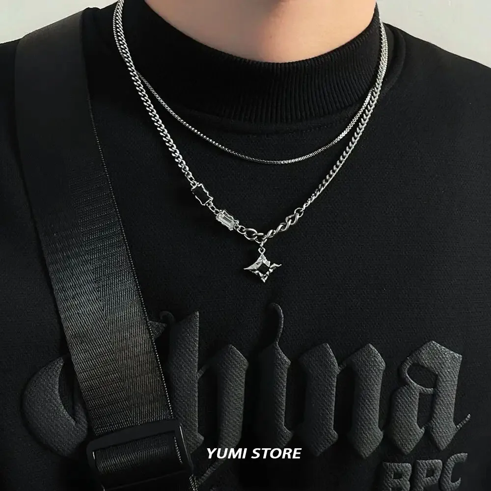 Hip Hop Cyrkon Gwiazda Dwuwarstwowy Naszyjnik Dla Mężczyzn Kobiet Trend Urok Tytan Stal Wisiorek Łańcuch Unisex Biżuteria Hurtownia