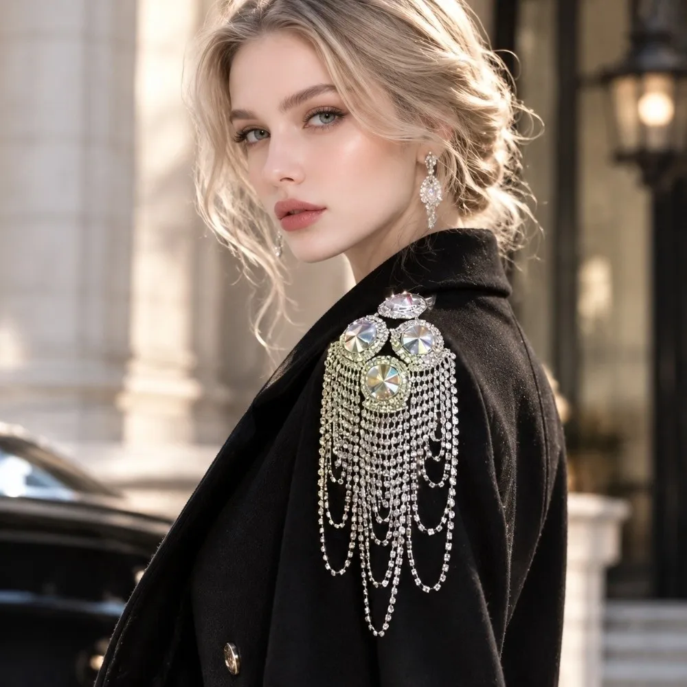 DIY Clothes Decor Peacock Tassel Chain Epaulette Rhinestone Cool Brooch Shoulder Board High-end Shiny Jacket Shoulder Chain Men