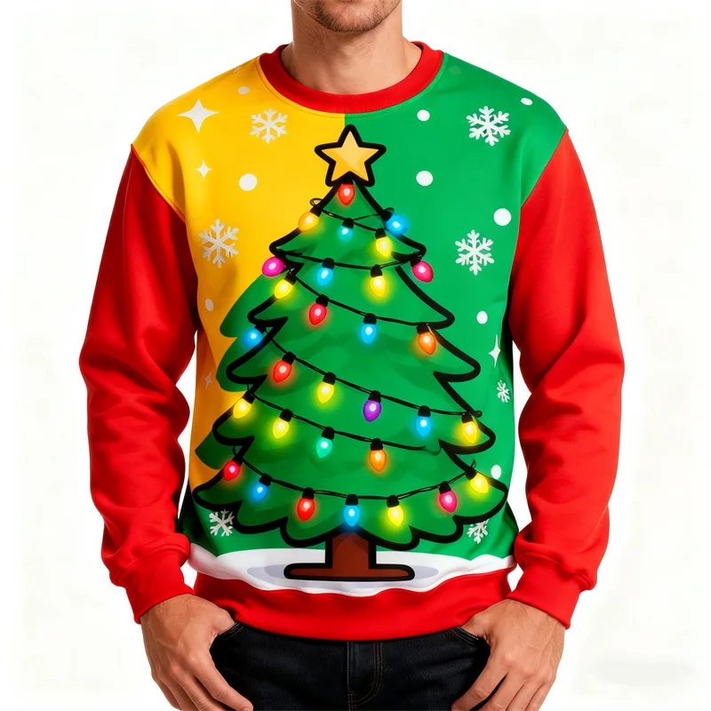 เสื้อสเวตเตอร์คริสต์มาสลายพิมพ์ 3 มิติ สำหรับผู้ชาย แฟชั่นลายซานต้า มนุษย์หิมะ ต้นคริสต์มาส สีสันตัดกันสไตล์ฤดูใบไม้ร่วง เสื้อพูลโอเวอร์สำหรับวันหยุด