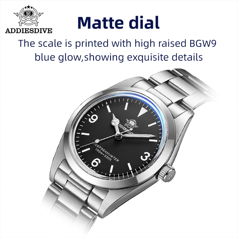 ADDIESDIVE Luxury 36mm Quartz Watch Stainless Steel Sapphire 100m Waterproof BGW-9 Luminous Wristwatch Reloj Hombre