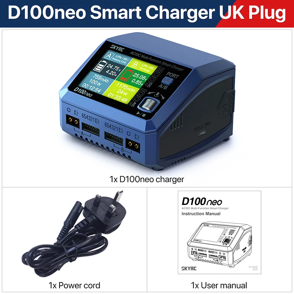 SkyRC D100neo Battery Charger SK-100199 AC100W DC200W for LiPo/Life/LiIon/LiHV