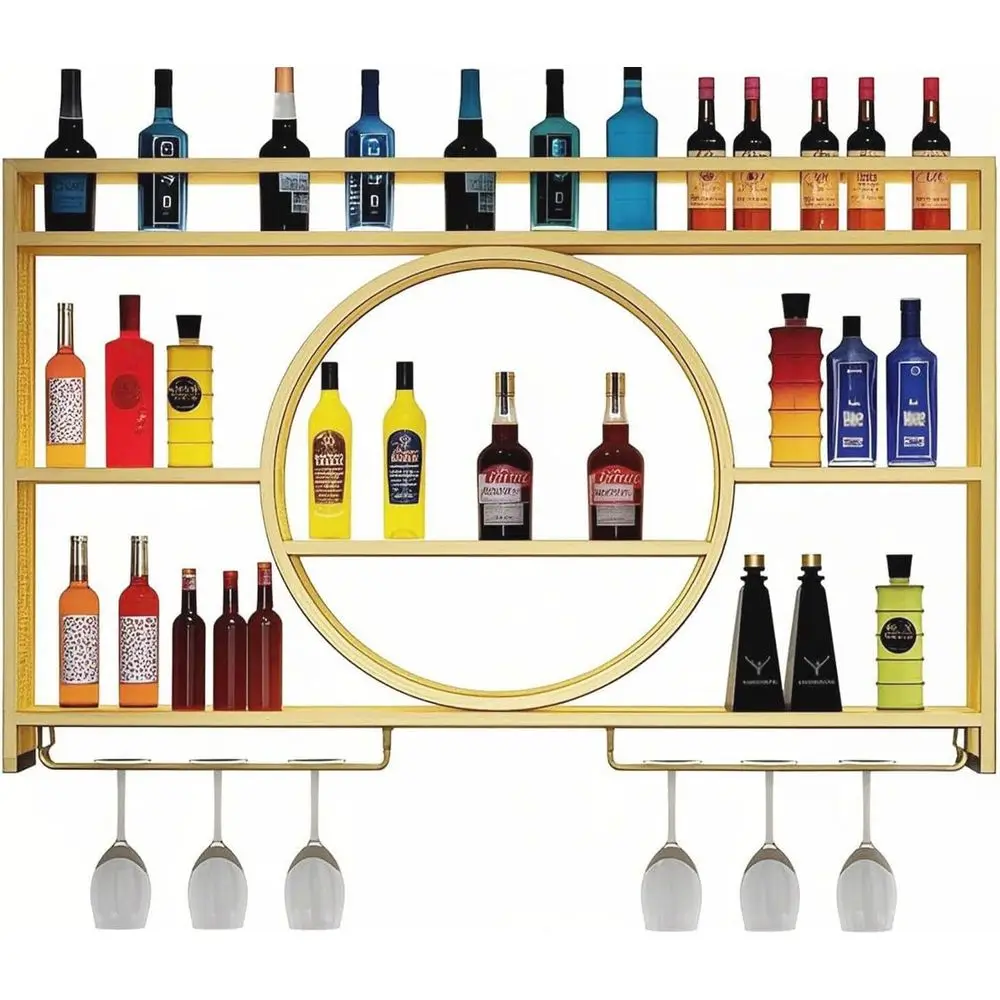 

Большая трехъярусная металлическая настенная винная полка с держателем для стекла, золотая, 120 см для кухни и гостиной