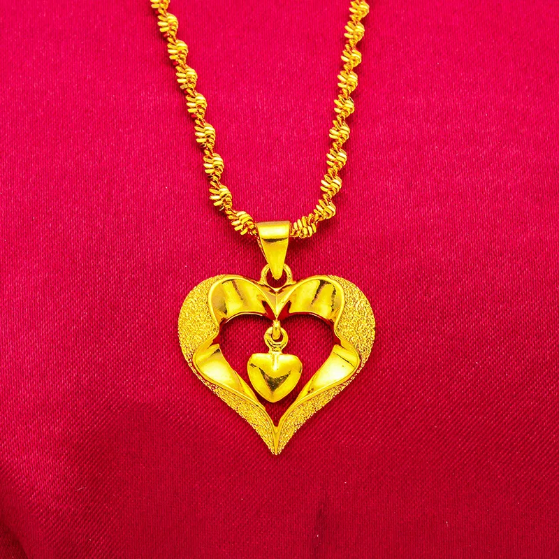 

Heart Necklace for Women, 24K Gold, AU999 | Matte gold heart with vine carvings & enamel, classic charm for cheongsam.