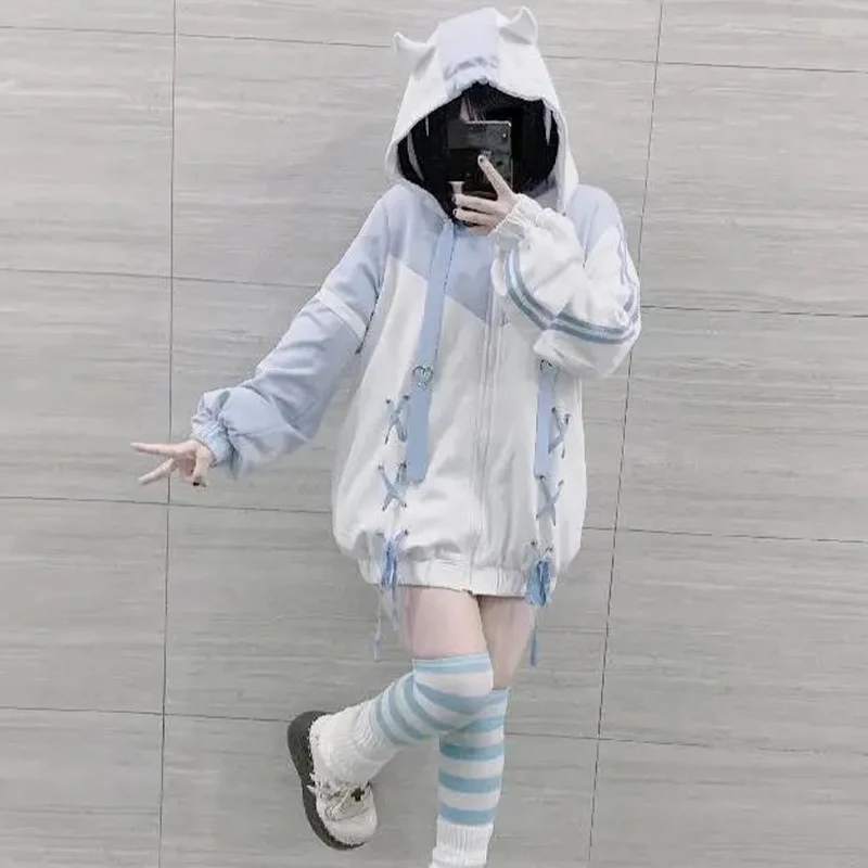Mädchen- und Damenmode: Japanischer Subkultur-Hoodie in Blau-Weiß, Herbst- und Winter-Sweatshirts mit Reißverschluss, Y2K-Kleidung