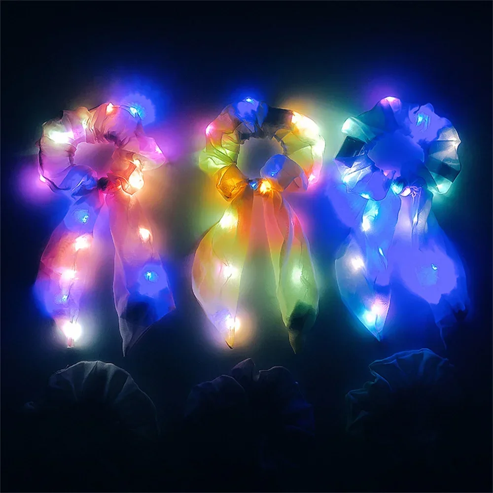 Led Luminous Bands Light Up Hair Bows Scrunchies Girls Headwear Hair Rope Hair Accessories Glow In The Dark Party Supplies