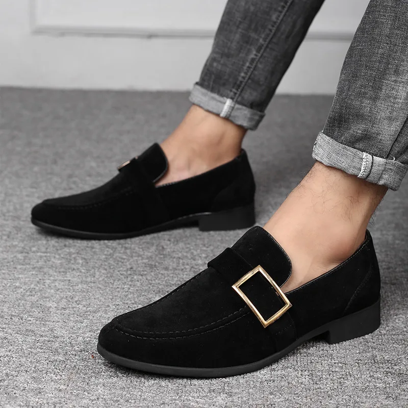 Spring New Casual Leather Shoes Men's Fashion Metal Buckle Suede Low Heels Shoes Party Wedding Work Social Business Men Loafers